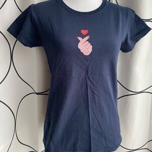 Navy Blue K-Pop Tee with Finger Heart Design